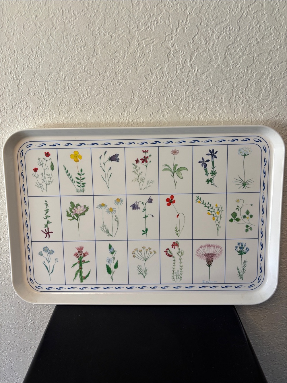 Vintage Italian Giannini White Melamine Watercolor Floral Grid Serving Tray